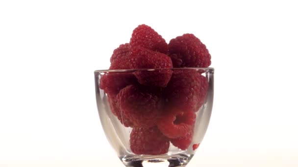 Red raspberries in a transparent cup rotates on white background. Closeup — Stock Video