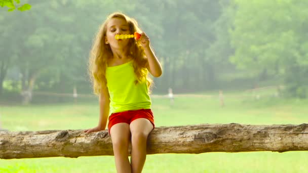 Okouzlující dívka hraje s mýdlovými bublinami v letní zahrádce, která je rozmazané pozadí. Zpomalený pohyb — Stock video