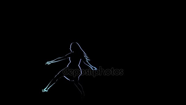 Neon lijnen. Computer tekening van ballerina poseren in slow motion — Stockvideo