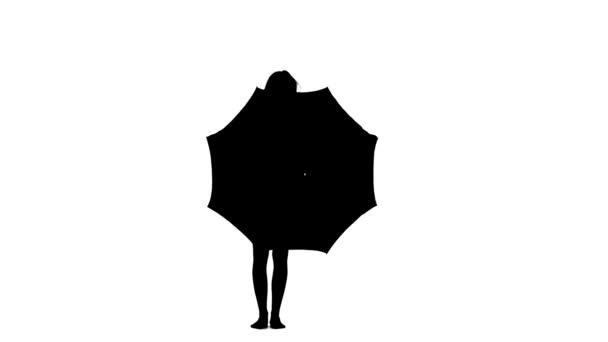 Girl with an umbrella in her hands is talking on the phone. White background. Silhouette — Stock Video