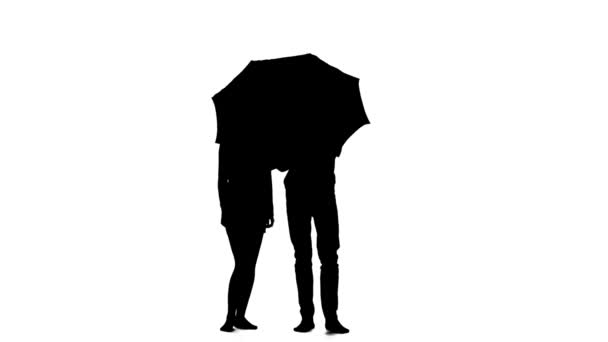 Kerl öffnet den Regenschirm und spricht mit dem Mädchen. weißer Hintergrund. Silhouette — Stockvideo