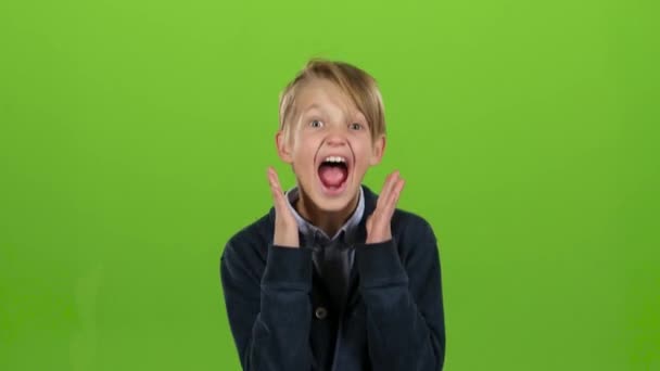 El niño se alegra en la victoria. Pantalla verde — Vídeo de stock