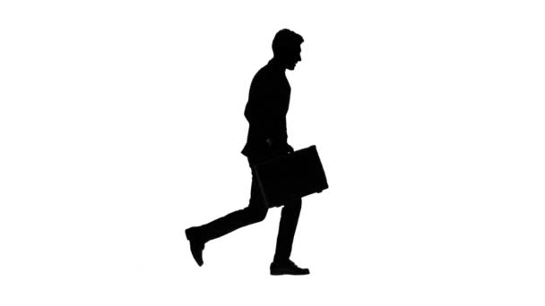 Der Mensch geht zur Arbeit, begreift, dass er zu spät kommt und beginnt zu rennen. weißer Hintergrund. Silhouette