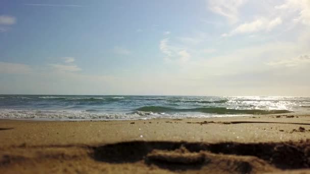 Под голубым небом волны катятся по пляжу — стоковое видео