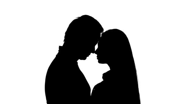 Kissing couple in the studio is worth it. Silhouette. White background. Close up — Stock Video