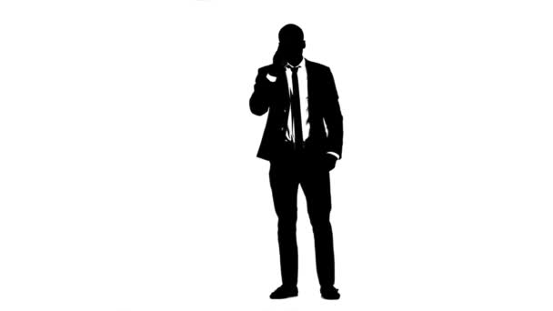 Businessman rejoices in the victory and speaks on the phone. White background. Silhouette — Stock Video