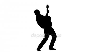 Adam lirik şarkı gitar çalar ve söyler. Siluet. Beyaz arka plan