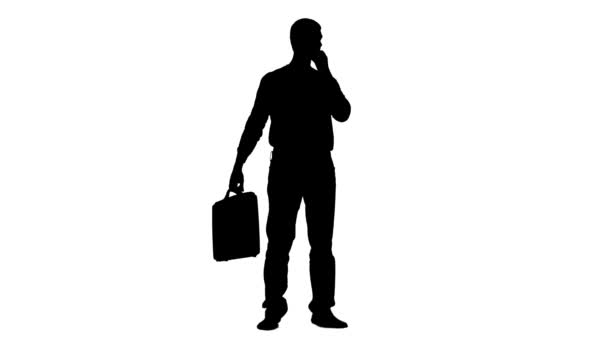 Director with a case in his hands is nervous and worried. Silhouette. White background — Stock Video