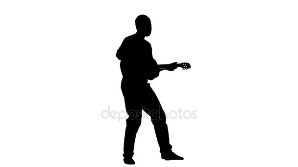 Musiker spielt das lyrische Lied auf der Gitarre und singt. Silhouette. weißer Hintergrund