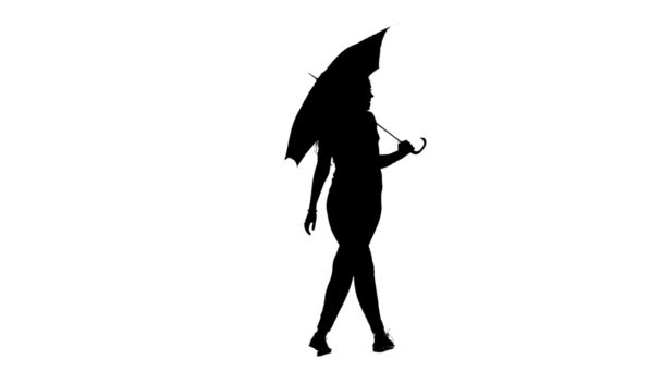 Girl with umbrella in hands. Silhouette. White background — Stock Video