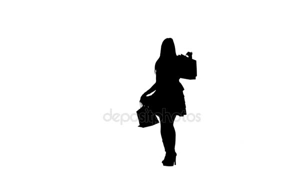 Woman was shopping at the store. Silhouette. White background — Stock Video