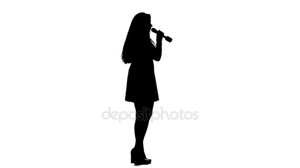 Girl sings incendiary songs. White background. Silhouette. Side view — Stock Video