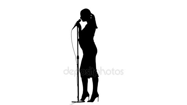 Girl sings in karaoke, she is pregnant. Silhouette. White background. Slow motion — Stock Video