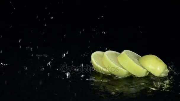 Zitrone fällt ins Wasser und löst sich in Scheiben auf. schwarzer Hintergrund. Zeitlupe — Stockvideo