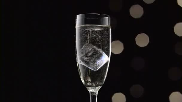 Кубик льда кружится в бокале шампанского. Боке мигает черным фоном. Закрыть — стоковое видео