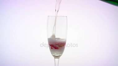 Rosebud bardağın dibinde, Garson şampanya içine dökülen. Beyaz arka plan. Yakın çekim