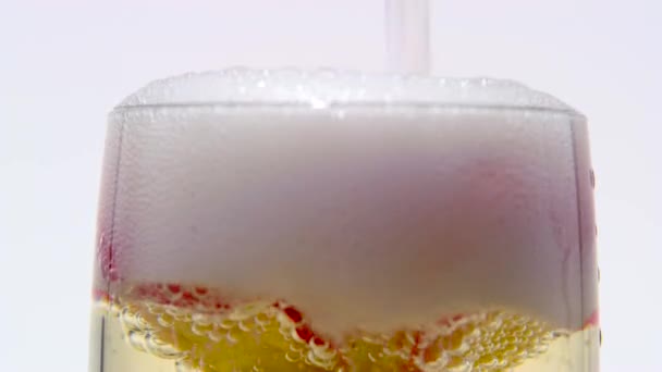 Rosebud at the bottom of the glass, the waiter pours champagne into it. White background. Close up — Stock Video