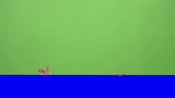 Santas assistent ziet er uit de blauwe bord en toont een duimen naar beneden. Groen scherm — Stockvideo