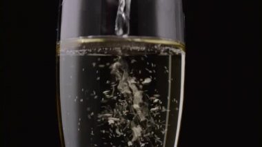 Şampanya cam içine dökülür. Siyah arka plan. Yakın çekim