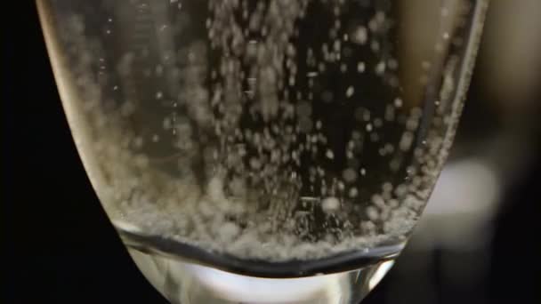 Bubbels Champagne stijgen naar de top van de bodem van het glas. Zwarte achtergrond. Close-up — Stockvideo