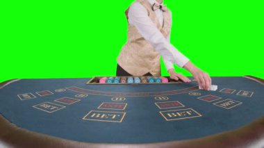 Casino satıcı kartları karıştırır. Yeşil ekran. Ağır çekim. Yakın çekim
