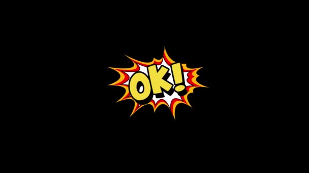 Komiks mowy Bańka filmów animowanych, słowa OK. Tekst żółty, biały kształt, kanał alfa — Wideo stockowe
