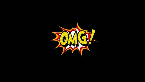 Комікс смуга мовлення бульбашкова мультиплікаційна анімація зі словами omg. Жовтий текст, біла форма, Альфа канал — стокове відео