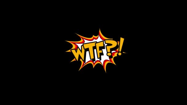 Комікс мовлення міхур мультфільму анімації, зі слів wtf. Жовтий текст, білу фігуру, Альфа-канал — стокове відео