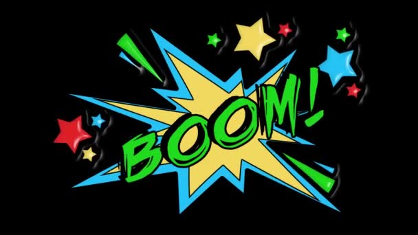 Animação de desenhos animados de bolhas de fala em quadrinhos, com o boom da mensagem. Texto verde, forma amarela, canal alfa — Vídeo de Stock