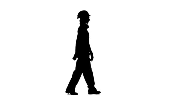 Bauarbeiter-Mädchen läuft die Straße entlang und winkt anderen zu. Silhouette. weißer Hintergrund. Seitenansicht — Stockvideo