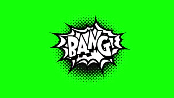 Comic strip speech bubble cartoon animation, with the words bang. White text, black shape, green background — Stock Video