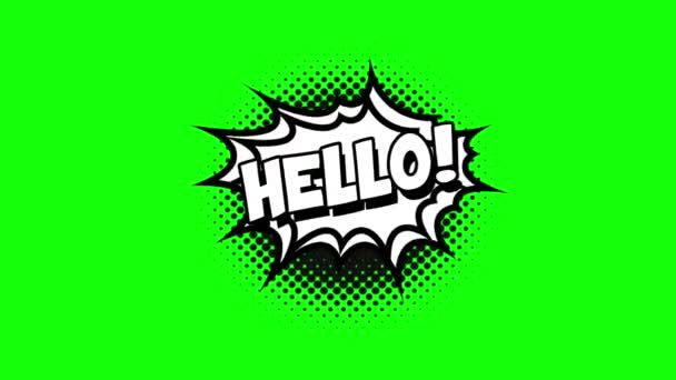 単語 hello 漫画音声のバブル漫画のアニメ。白のテキスト、黒、緑の図形の背景 — ストック動画