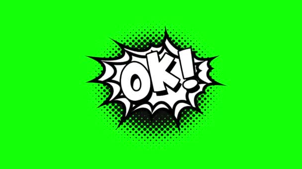 Comic strip speech bubble cartoon animation, with the words ok. White text, black shape, green background — Stock Video