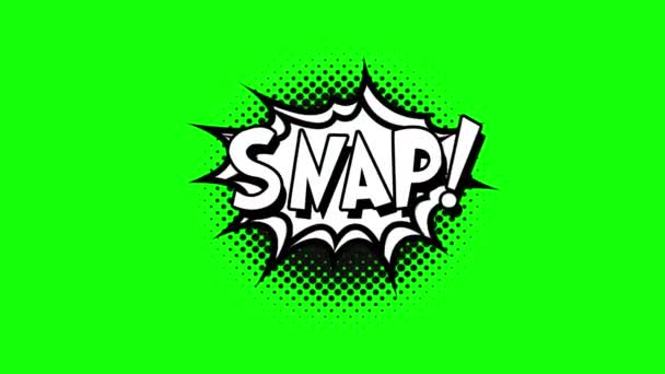 Comic strip speech bubble cartoon animation, with the words snap. White text, black shape, green background — Stock Video