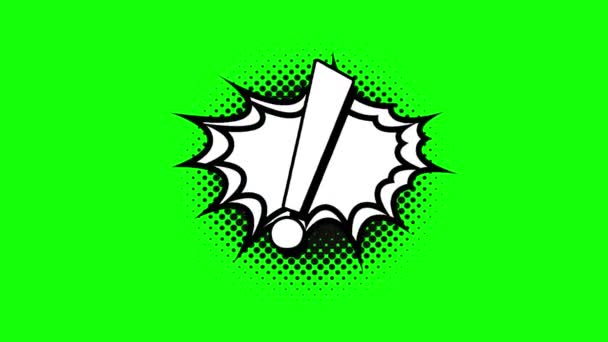 Κόμικς ομιλία φούσκα κινούμενα σχέδια, με το θαυμαστικό. Λευκό κείμενο, μαύρο σχήμα, πράσινο φόντο — Αρχείο Βίντεο