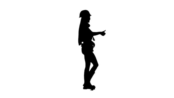 Meisje dragen van de helm en laarzen gaat. Silhouet. Witte achtergrond. Zijaanzicht — Stockvideo