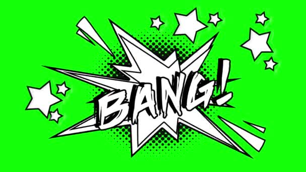 Comic animation of the word bang flies like a screensaver. Green screen — Stock Video