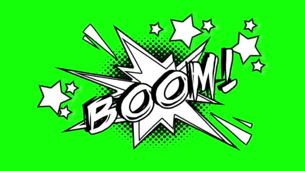 Animación cómica de la palabra bang vuela fuera de la burbuja. Pantalla verde — Vídeo de stock