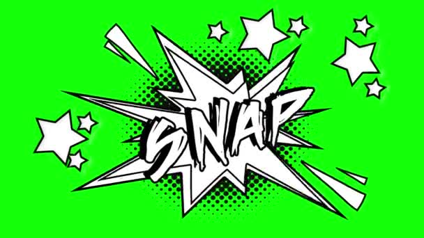 Comic animation of the word snap flies out of the bubble. Green screen — Stock Video