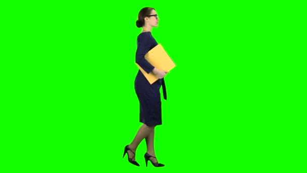 Το κορίτσι είναι το περπάτημα κατά μήκος του δρόμου με φάκελο στα χέρια της. Πράσινη οθόνη. Πλάγια όψη — Αρχείο Βίντεο