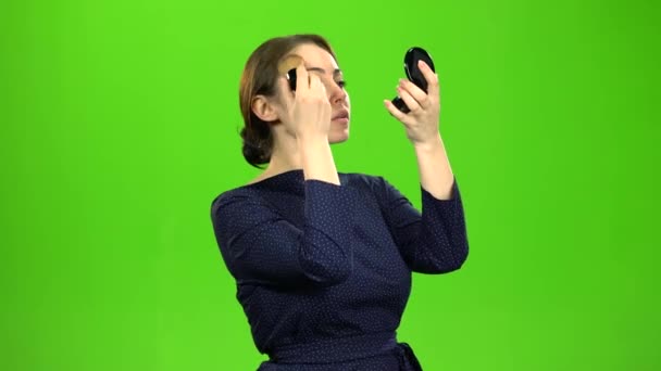 Leraar schildert haar gezicht met poeder en borstel. Groen scherm — Stockvideo
