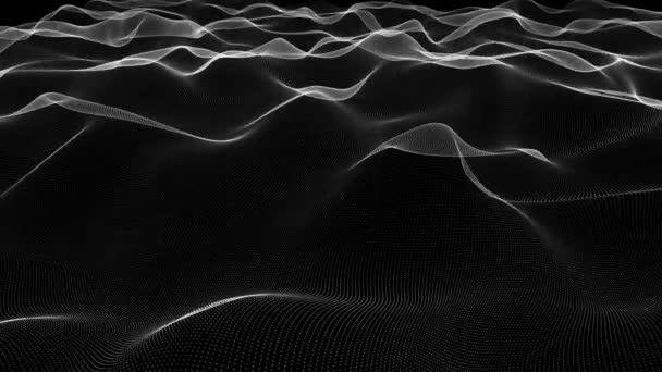 Fondo abstracto con líneas onduladas desde puntos. Ondas de animación en la superficie de líneas de neón sobre fondo negro — Vídeos de Stock