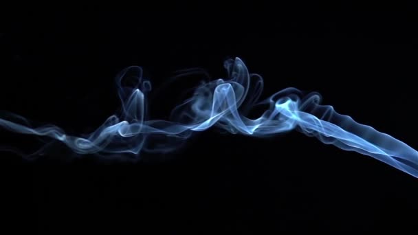Синий дым вздымается и кружится в замедленной съемке на черном фоне — стоковое видео