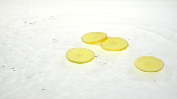 Чотири шматки лимона потрапляють у воду. Білий фон. Повільний рух — стокове відео