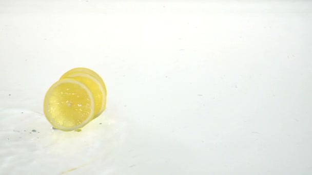 Три тонких ломтика лимона на воде. Белый фон. Медленное движение — стоковое видео