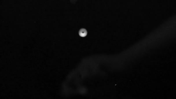 Une chute forme des cercles à la surface de l'eau. Fond noir. Mouvement lent 