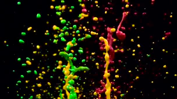 Colored fountain of multicolored water jets. Black background. Slow motion — Stock Video