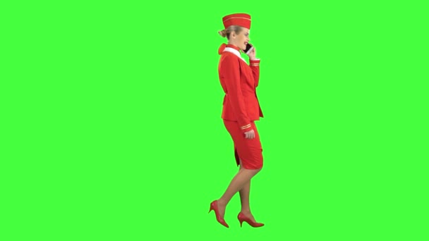 Stewardess spreekt op de telefoon en passen in de verte. Groen scherm. Zijaanzicht — Stockvideo