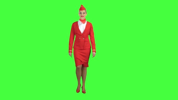 Stewardess steps forward and looks in front of her. Green screen — Stock Video