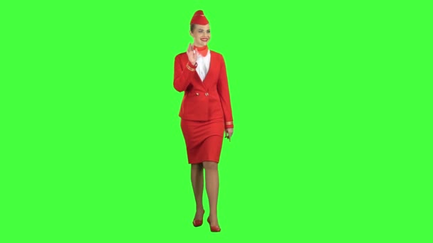 Stewardess goes and welcomes others. Green screen — Stock Video